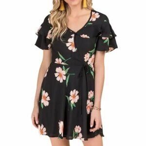 NWT Altar'd State Mini Dress Black Floral Large Faux Wrap Boho Ruffle
